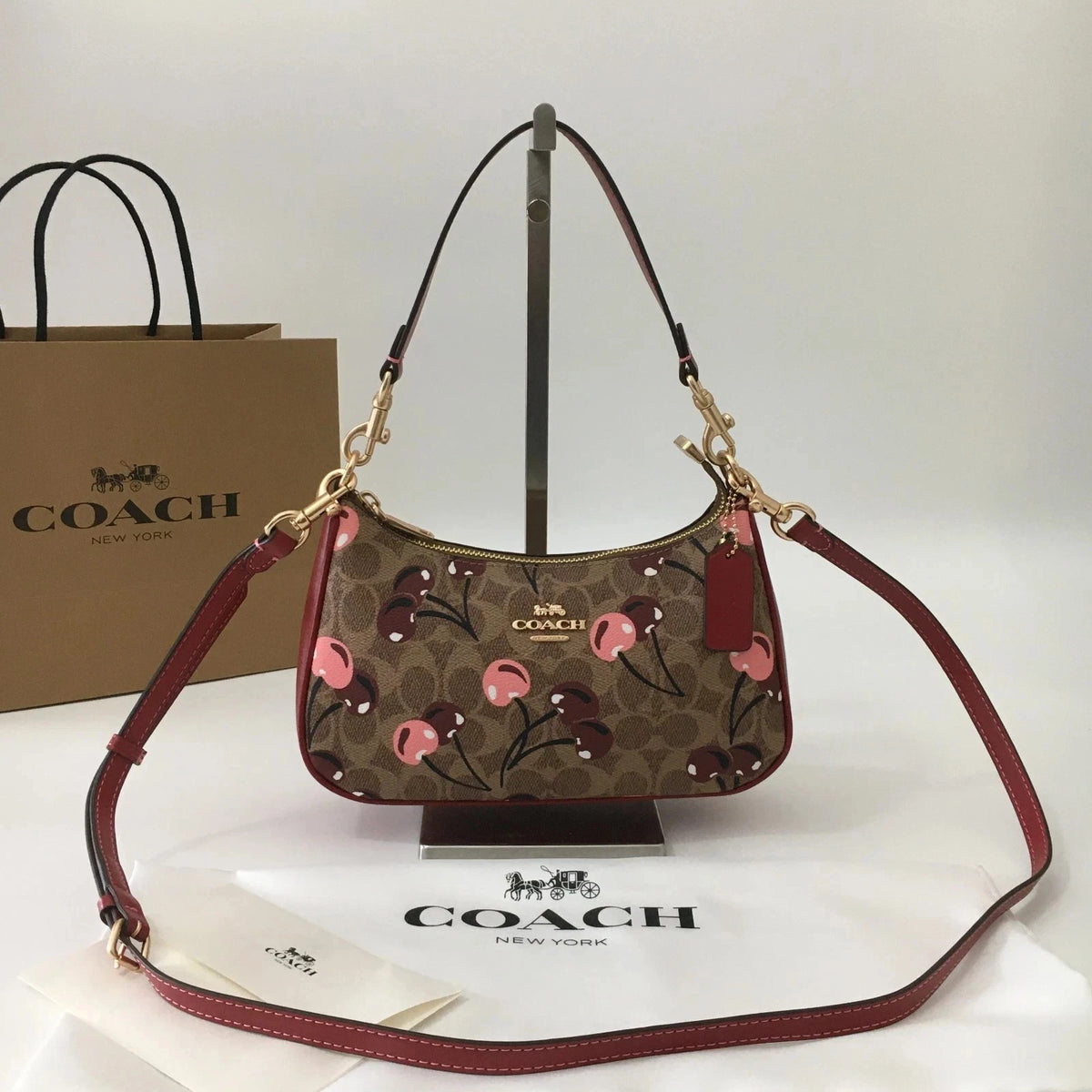 NWT Coach CY694 Teri Shoulder Bag Signature Canvas Cherry Print Tan Brown