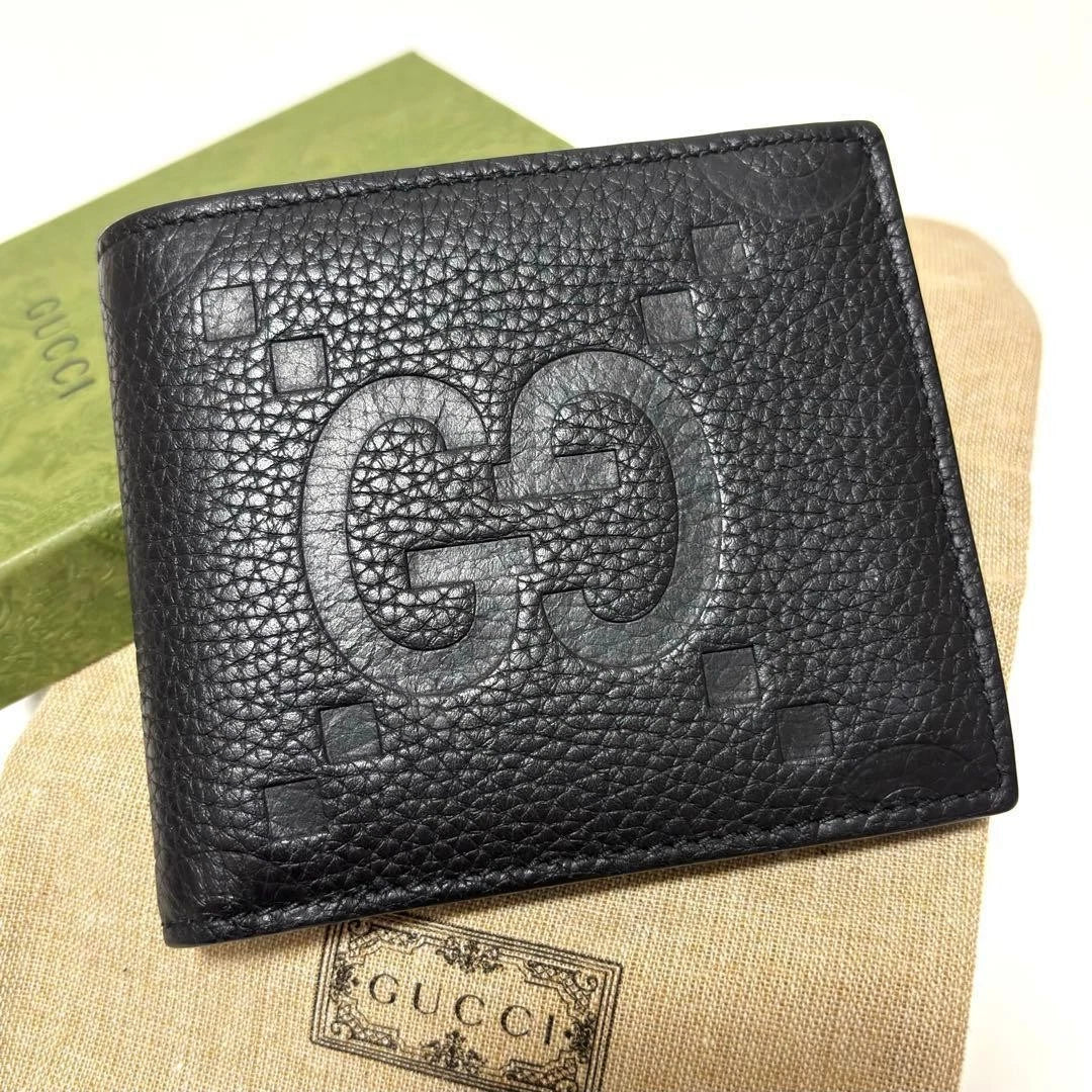 Gucci Jumbo GG Bifold Wallet Black Leather 8 Card Slots Made in Italy with Box